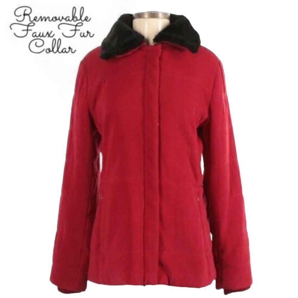 Jones New York Red Puffer Faux Fur Removable Collar Jacket Size S